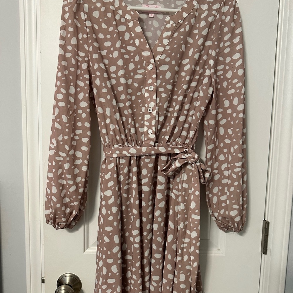 Pink Lily Pink Long Sleeve A-line Wrap Dress with V-neck Notched Collar